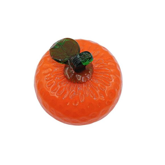 Vintage Murano Glass Orange Fruit Decor Stem Leaf Dimples Bright Orange 3x3" - Picture 3 of 12